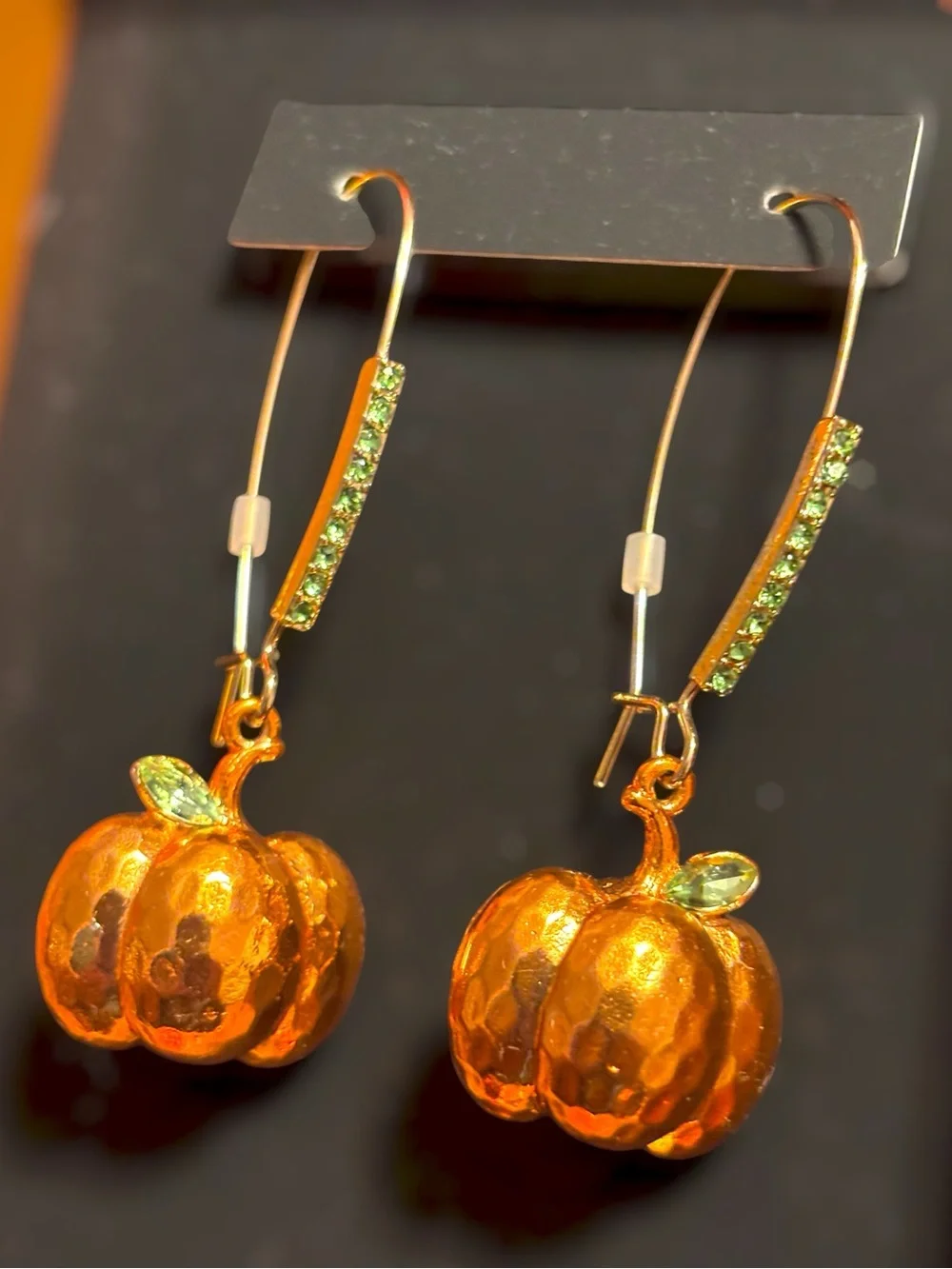 NWT•Betsey Johnson Metallic Orange Pumpkin Drop Earrings with Green Crystal